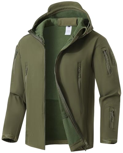 WINKEEY Chaqueta Softshell Hombre Invierno Senderismo al aire Libre Repelente al Agua Camo Chaqueta Táctica Forro Polar a Prueba de Viento Chaqueta de Caza Caliente para los Hombres,Verde 2XL