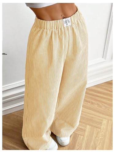 MakeMeChic Women's Striped Pants Elastic Waist Wide Leg Straight Summer Trousers3