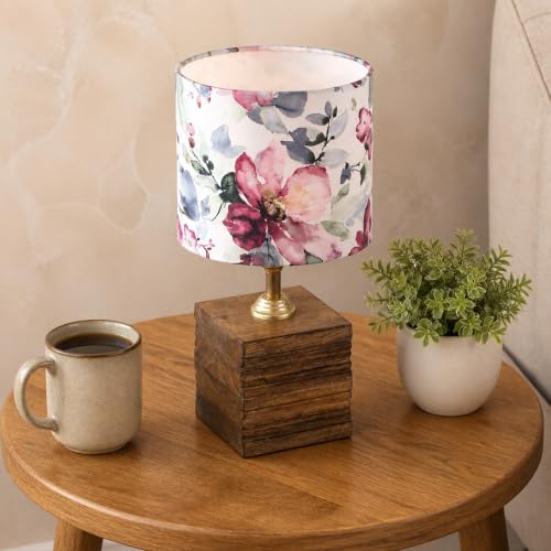 Image of tu casa Wooden Table Lamp Printed Satin Shade for Bedroom, Living Room