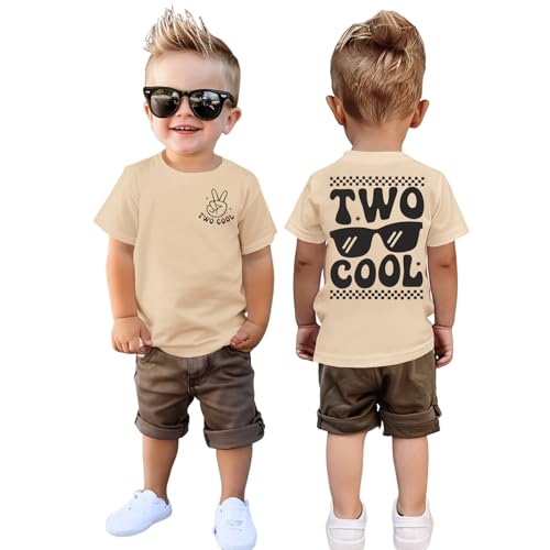 2. Geburtstag Junge T-Shirt Two COOL Shirt für Kleinkind mit Buchstaben Drucker Zweiter Geburtstags Tshirt Ankündigung Outfit Sommer Kurzarm Kleinkinder Baumwolle Babyshirt(Apricot 2 Jahre)