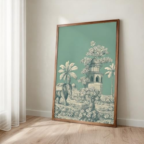 Image of SAF Vintage Teal Elephant Palace Wall Art with Wooden Frame | Botanical Heritage HD UV Laminated Print on MDF | Elegant Jungle Decor for Living Room Bedroom Office 13.5 x 19.5 Inch
