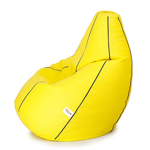 Image of Sattva Classic XL Bean Bag Filled with Beans | Premium Leatherette Bean Bag for Adults & Kids | Comfortable Seating for Bedroom, Lounge, Study Room & Living Room - Yellow with Navy Blue Piping