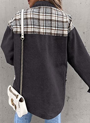 Btfbm 2023 Women's Button Down Denim Jackets Long Sleeve Lapel Casual Fall Shirts Shackets Plaid Jacket With Pockets(Plaid Grey, Large) #TOP3