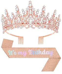 Birthday Tiara and Crown with Sash, Birthday Tiara for Women Party (Rose)