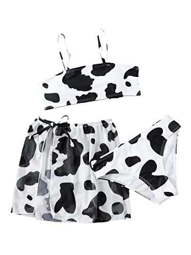 Image of WDIRARA Girl's 3 Pieces Cow Print Bikini Swimsuit with Split Tie Side Beach Skirt Multicolored 140
