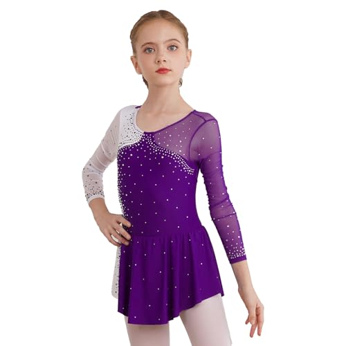 JanJean Girls Sequins Figure Ice Skating Dress Dancewear Costume Long Sleeve Ballet Dance Leotard with Mesh Tutu Skirt Purple 10 Years