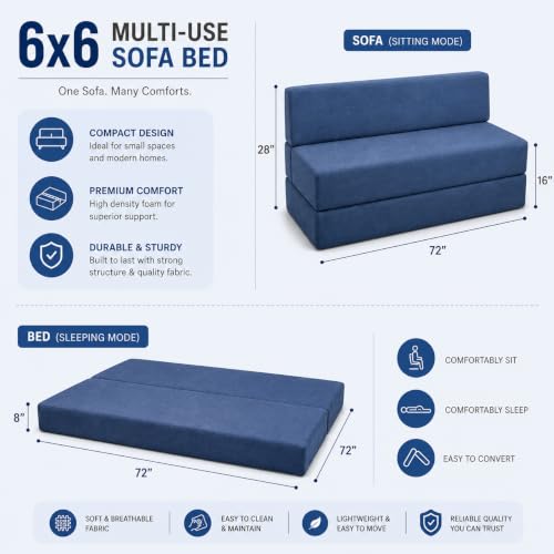 Image of Four Seater Sofa Cum Bed 6x6 Ft with Soft Foam Cushioning, Comfortable Foldable Sofa Bed for Living Room, Bedroom, Guest Room & Office(Blue)