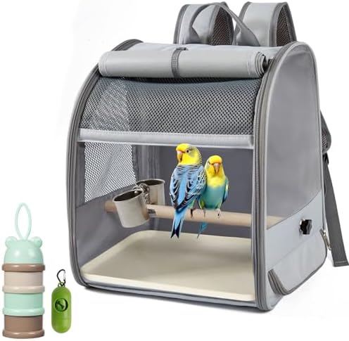Bird Carrier Backpack, Bird Carrier Container with Feeder and Stool Catcher, Travel Bird Cage, Portable Pet Cage Breathable Mesh for
