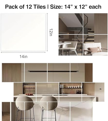 Image of 12 Pieces 14 x 12 Inch Shatterproof Acrylic Mirror Tiles for Wall - Self Adhesive Unbreakable Wall Mirror for Kids, Toddlers, Bedroom, Bathroom and