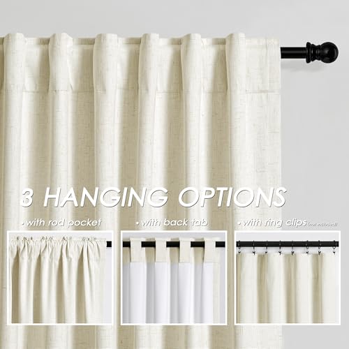 Image of Warm Beige 100% Blackout Linen Curtains for Bedroom 120 Inches Long Back Tab Thermal Insulated Modern Farmhouse Decor Black Out Curtain for Living Room Floor to Ceiling High Window 52x120, 2 Panels