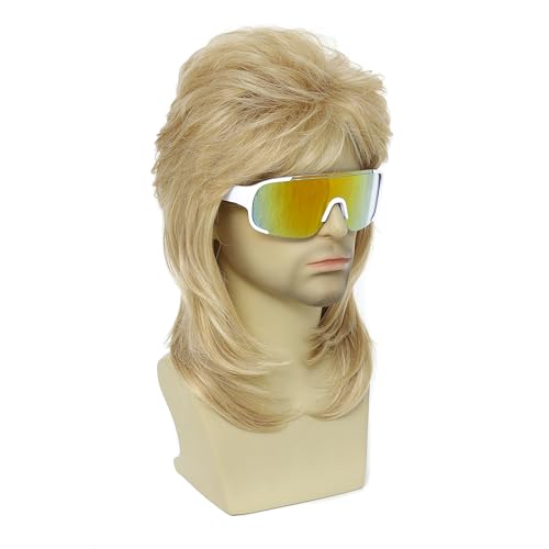 Image of 80s Mullet Wig for Men Blonde, Vintage 70s 80s Punk Rock Disco Wig with Sunglasses Comb Wig Cap, Adult Halloween Costume Cosplay Party Wig Set (Light Blonde)