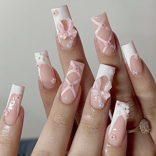 24 PCS Unghie Finte Francesi, Unghie Finte a Pressione Quadrate, Unghie Artificiali Rosa e Bianco con Fiocco e Fiori 3D, Square Press on Nails, French Tip False Nails, Stick on Nail a Copertura Totale