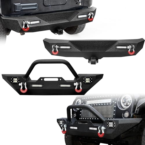 LEDKINGDOMUS Front& Rear Bumper Compatible 07-18 Jeep Wrangler JK &Unlimited Rock Crawler 4X LED Lights w/Winch Plate D-rings, 2x LED Lights & 2
