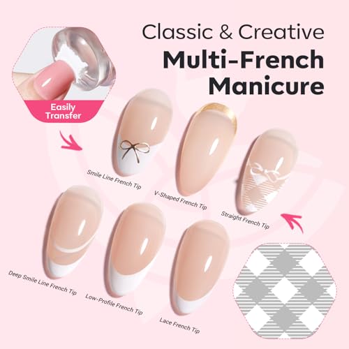 Image of Modelones 16PCS Plaid Nail Stamping Kit - French Tip Stamper White Black Painting Gel Polish Chrome Powder Proof Matte Gel Top Coat Gingham Template Dual Nail Art Brush Summer Manicure Gift for Women