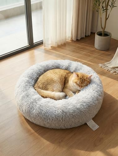 OKPOW Rundes Wolke 7 Hundebett - Waschbar Welpenbett Fuer Kleine Hunde - Flauschig Anti Angst Katzenbett Comfy - Donut Kuscheliges Haustierbett Plüsch