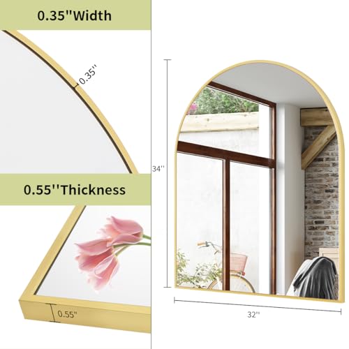 Image of BEAUTYPEAK 32 inchx34 inch Arch Bathroom Mirror, Wall Mounted Vanity Metal Frame Mirror for Bedroom, Entryway, Living Room, Gold
