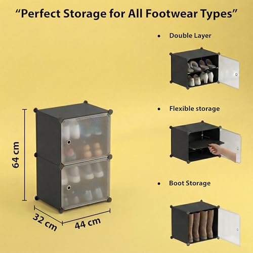 Image of ALOXE DIY Foldable Shoe Rack | 4 Layer Plastic Shoes Rack with Door Cover | Multipurpose Stand for Home & Entryway (Black)