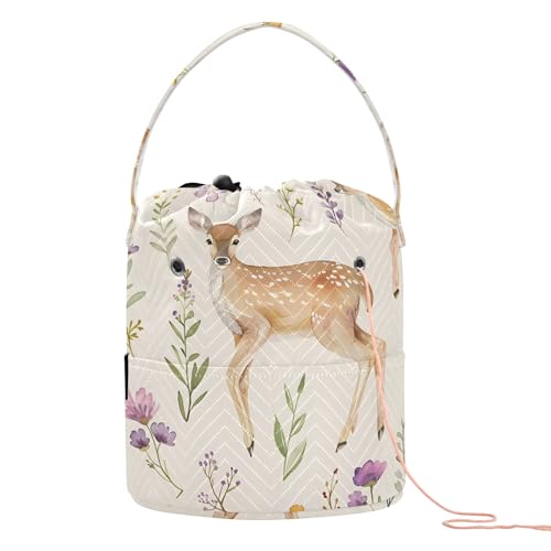 Yarn Storage Bag Small Crochet Bag Knitting Bag Organizer Deer Flowers Yarn Bags for Crocheting Basket