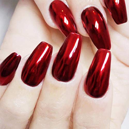 Gorais Coffin Press on Nails Red Mirror Fake Nails Medium False Nails Ballerina Full Cover Nails for Women(24 Pcs) (G red2)