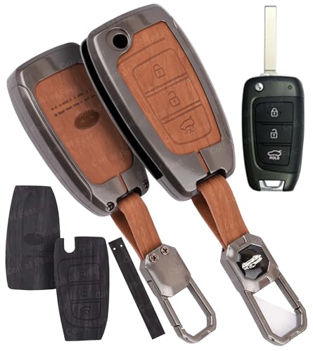 Image of Car Key Cover Compatible with Hyundai Verna 2024 2023 | i20 N line N6 Car 3-Button Smart Flip Key (Dual Leather Metal (Black & Brown))