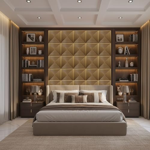 Image of Kayra Decor 3D PVC Wall Panels for Bedroom & Living Room | Line Design |Gold Color | 19.7 x 19.7 Inch | Pack of 40 | 107.60 Sq Ft