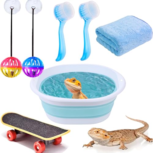 7 pcs Reptile Bathtub Set with Bath Brushes and Towel Foldable Lizard Bath Tub for Bearded Dragon Accessories Gecko Breaded Dragon Pool Water Washer Hedgehog Hamster Small Animals Bonus Swim Pool