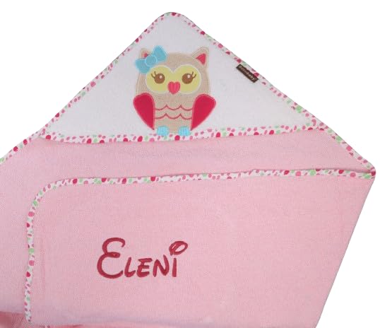 BotoBaby® Kapuzentuch mit Namen Bestickt Handtuch MIT Kapuze ★ 100% Baumwolle ★100x100 cm ★ 75x75 cm ★ Geschenk ★ Geburt ★ Taufe ★ (Rosa - Eule, 75 x 75 cm)