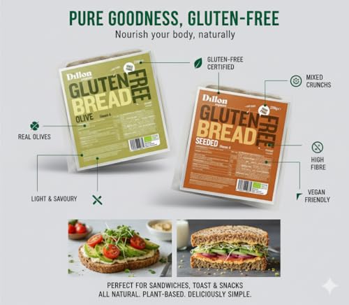 Dillon Organic Gluten-Free Bread Bundle | Seeded & Olive Bread - Sliced| Vegan, High Fibre, Low Carb, No Additives, Vegan, Upf Free | 2 X 275G - 5