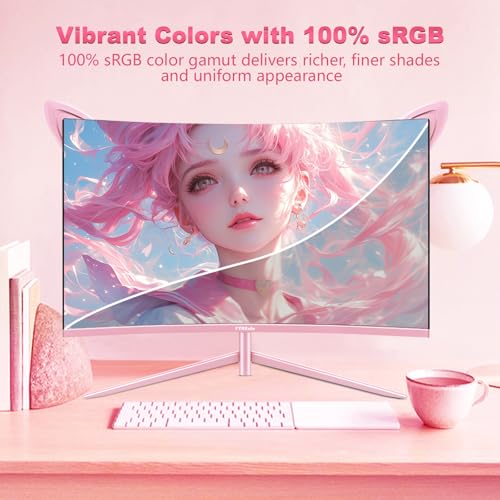 Image of FYHXele FY27QHP Pink Monitor 27 Inch Curved Gaming 165Hz - Support 144Hz 1800R 1ms QHD 2560 x 1440P VA Screen, Built-in Speakers, AMD Free-Sync, HDMI, DP, USB, AUX, Tilt Adjustable