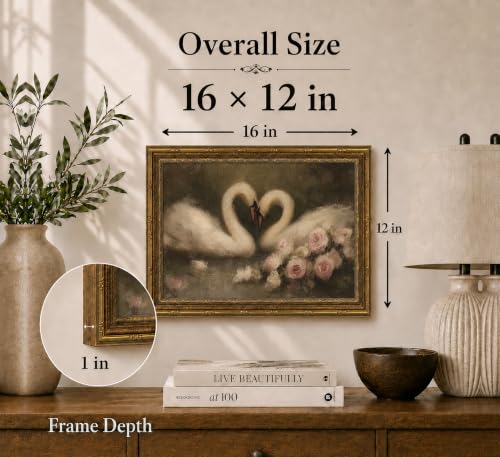 Image of Gold Framed 3D Textured Wall Art, Vintage Rose Swan Canvas Prints, Romantic Floral Heart Pictures Decor, French Country Couple Oil-Style Artwork for Living Room Bedroom Bathroom 16x12 in