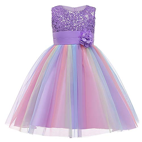 Kids Formal Dress, Flower Sequins Round Collar Sleeveless One-Piece Sundress for Summer, 3-10 Years