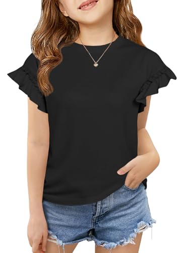 Image of Haloumoning Girls Ruffle Short Sleeve T Shirts Kids Summer Crewneck Tops Cute Tees Blouse 5-14 Years