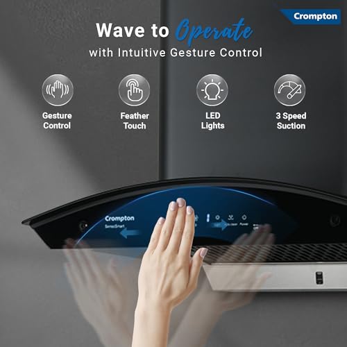 Image of Crompton SensoSmart 60 cm Curved Glass Kitchen Chimney with 1210 m /hr Suction, Smart On & Intelli Auto-Clean | Silent Kitchen Chimney with Filterless (Black)