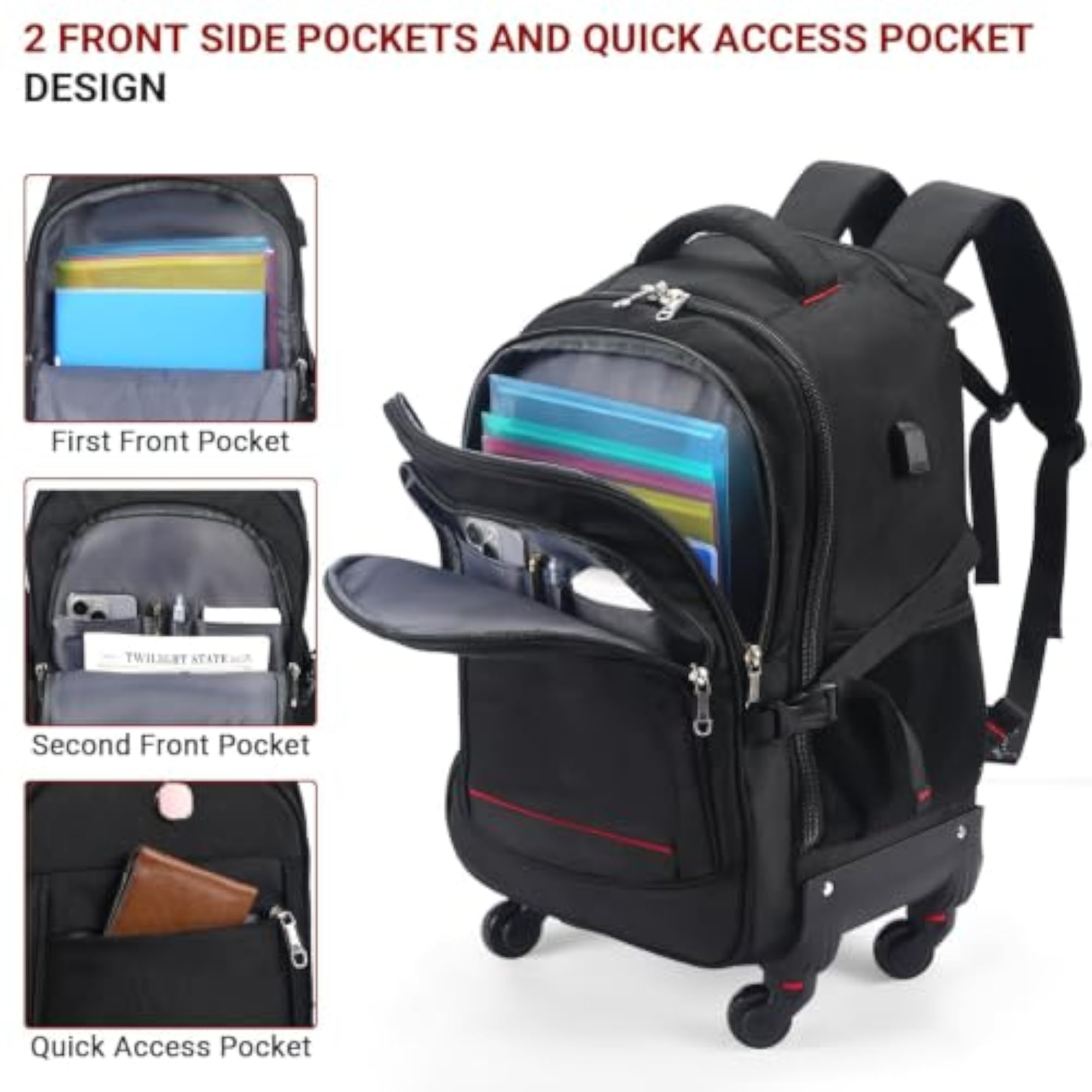4-Wheel Rolling Backpack for Business Travel