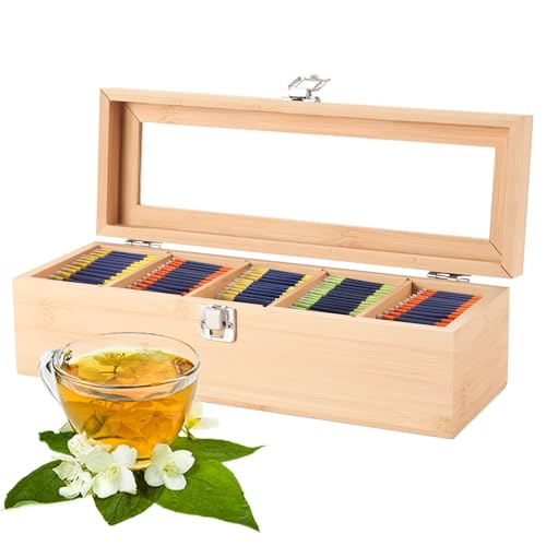 Caja Infusiones de Madera con 5 Compartimentos, Caja Te con Ventana de Visualización, Caja Madera con Tapa Para Bolsitas Se Té, Divisores Extraíbles, Ideal Para Té, Café, 30×10×9 cm