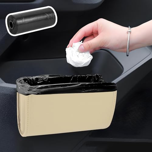 Image of Hovom Car Trash Can, Leather Waterproof Automotive Garbage Can with Trash Bag, Hanging Mini Vehicle Trash Bin, Small Auto Door Organizer Storage Pouch, Universal Car Accessories (Beige)