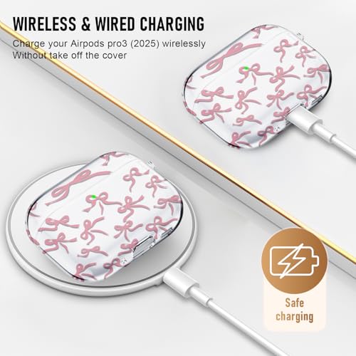 Image of Compatible Airpods Pro 3 Case (2025),Soft Cute Pink Bow Print Silicone Protective Cases for Apple AirPods Pro 3rd Generation Case,Airpod Pro 3 Cover with Keychain&Cleaner Kit for Women /Girls,Pink Bow