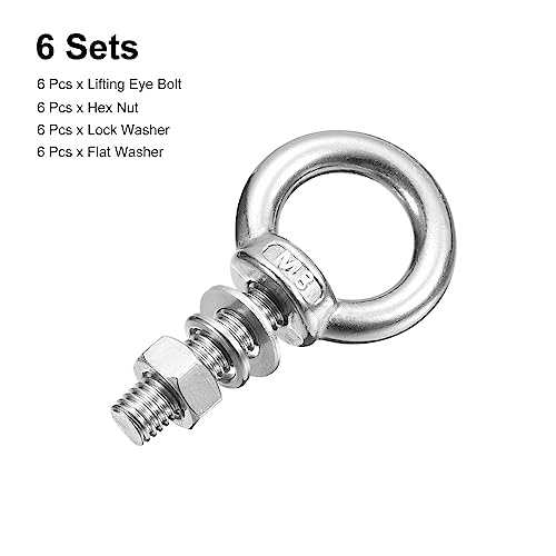 Image of uxcell Lifting Eye Bolt, 6 Sets M8x30mm Eye Bolt with Nut Washer 304 Stainless Steel Shoulder Lifting Ring Eye Bolt for Hanging Item