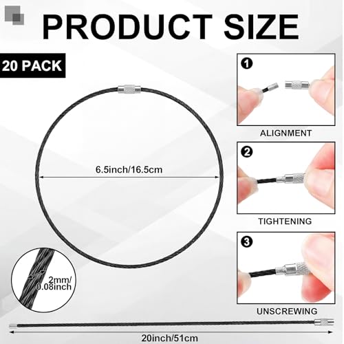 Image of Zonon 20 Inch Large Wire Keychain Cables, Heavy Duty Stainless Steel Screw Clasp Loops for Luggage Tags Keys ID Cards