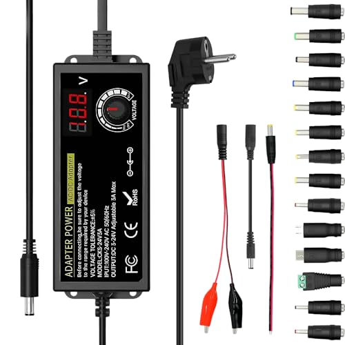 Alimentatore Universale, 3-24V 3A 72W Adattatore di Alimentatore Regolabile con Display di Tensione LED e 14 Punte & Convertitore di Polarità, AC Adapter 100 240C 50 60Hz per Elettronica Domestica