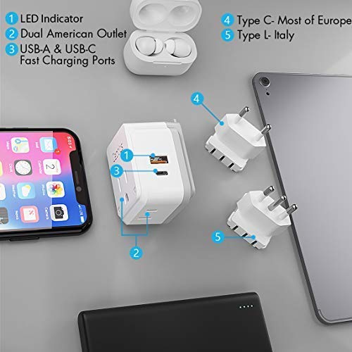 Image of Ceptics Travel Adapter India to Chile, Rome, Italy Travel Plug Adapter Set, Chile Plug Adapter USB-USB-C 20W PD-QC 18W, 2 Outlet, Italy Plug Adapter for Lybia, Uruguay Includes Type C, L, PAK-IT