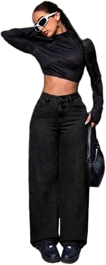 DOLLFASHION Women's Denim Stretchable High Waist Baggy Straight Jeans for Women