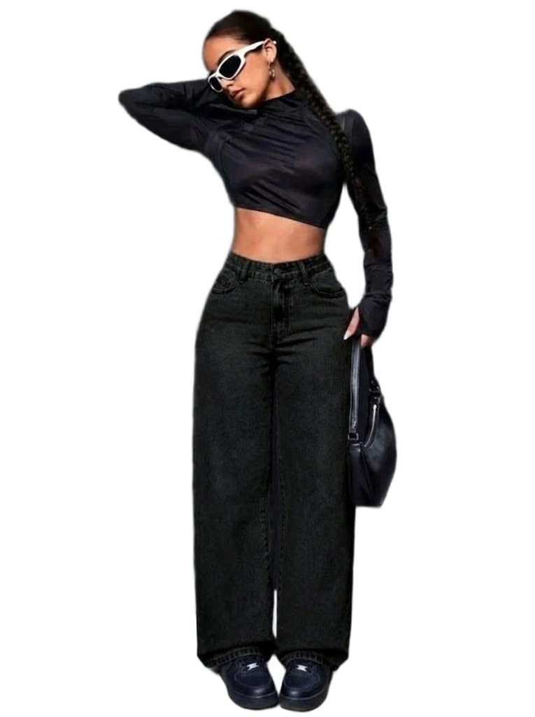 DOLLFASHION Women's Denim Stretchable High Waist Baggy Straight Jeans for Women