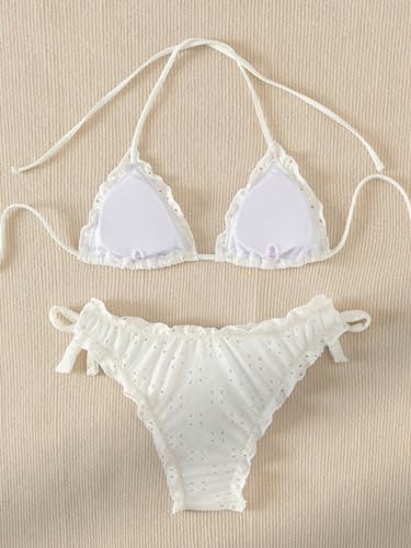 Verdusa Women's Bikini Sets Halter String Cute Bow Tie Side Frill Trim 2 Piece Swimsuits Bathing Suits2