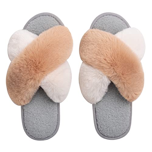 Zizor Women's Open Toe Fluffy Slippers with Memory Foam, Ladies' Cross Band House Shoes, Faux Fur Slip on Home Slippers for Indoor Outdoor