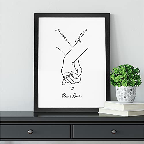 Personalised Couple Holding Hands Line Art Print | Gift Idea for Wedding, Engagement, Valentines or Anniversary | Minimalist Style Print | A3, A4 and A5 Wood Effect Frames Available