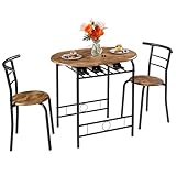 VECELO 3-Piece Dining Table Set for Kitchen Breakfast Nook, Wood Grain Oval Tabletop and Metal Frame with Built-in Wine Rack, for Small Spaces, 31.5', Antique & Black