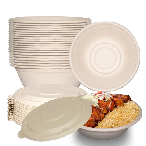 40 oz Round Disposable Compostable Paper Bowls with Fiber Dome Lids - Heavy Duty, Eco-Friendly Natural Sugarcane Bagasse, Heat Resistant, 100% Biodegradable Salad Bowls Alternative to Plastic (25)