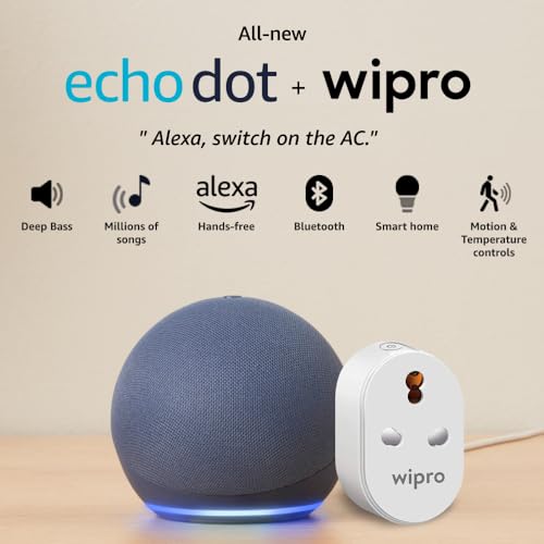 Image of Amazon Echo Dot (5th Gen, Blue) Smart Home Speaker Combo with Wipro 16A Smart Plug | with Bluetooth and Alexa