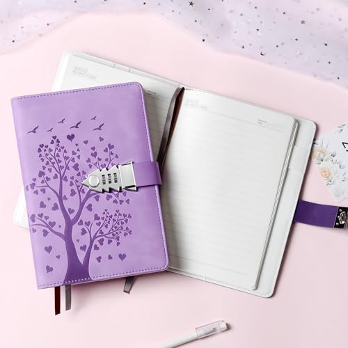 HwxBen Herzförmiger Baum Tagebuch mit Schloss – 244 Seiten, A5 (5.8“ x 8.4”), PU-Leder, Tagebuch mit Zahlenschloss Lesezeichen – Lavendel – Ideal für Notizen, Planer und kreatives Schreiben